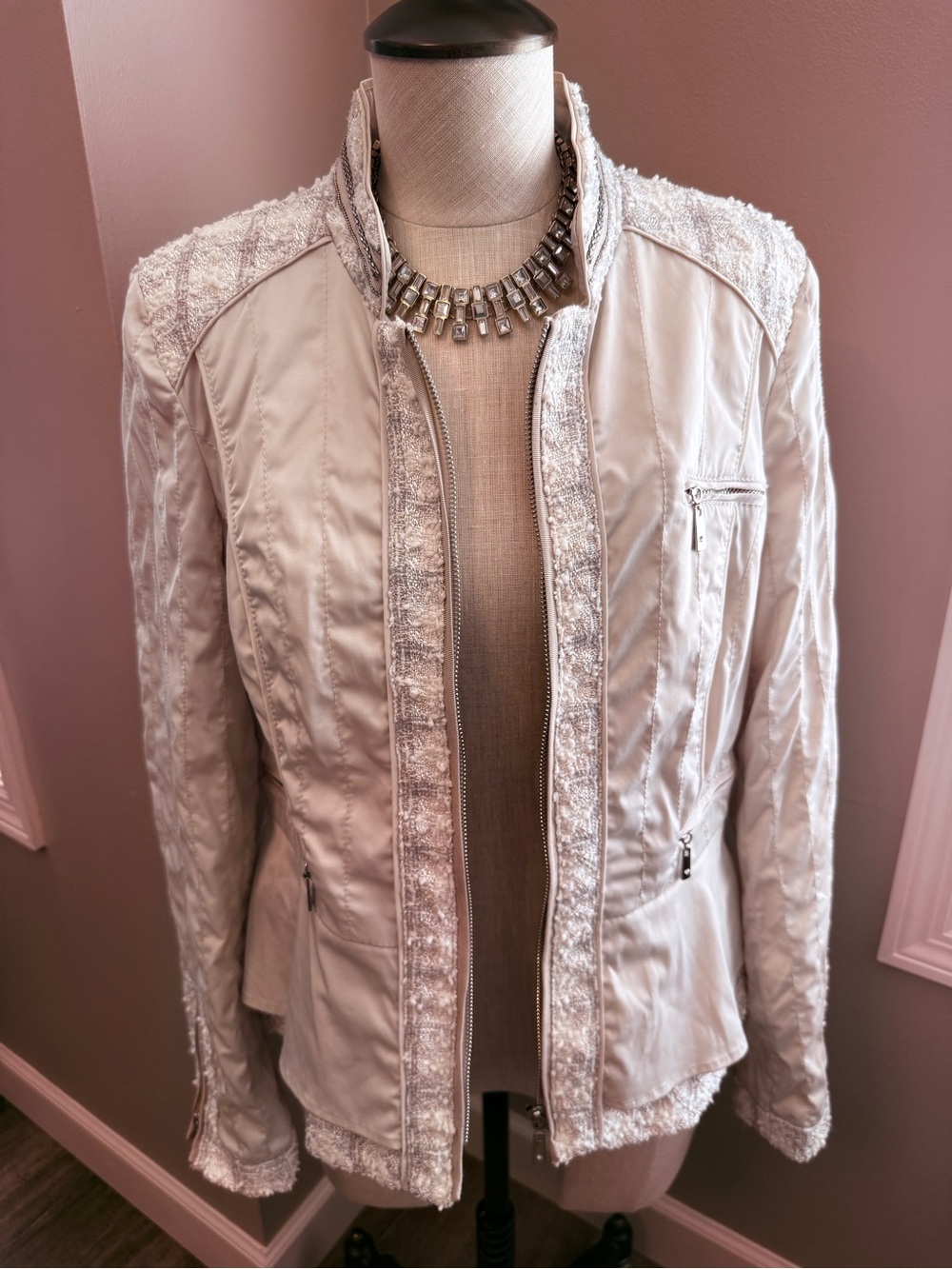 White House Black Market Cream Textured-Trim Zip Jacket